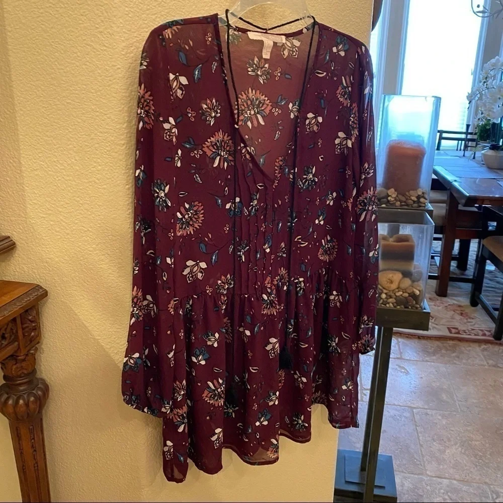 FOREVER 21 Women Burgundy Floral Semi-Sheer Tassel Boho Dress Size Small